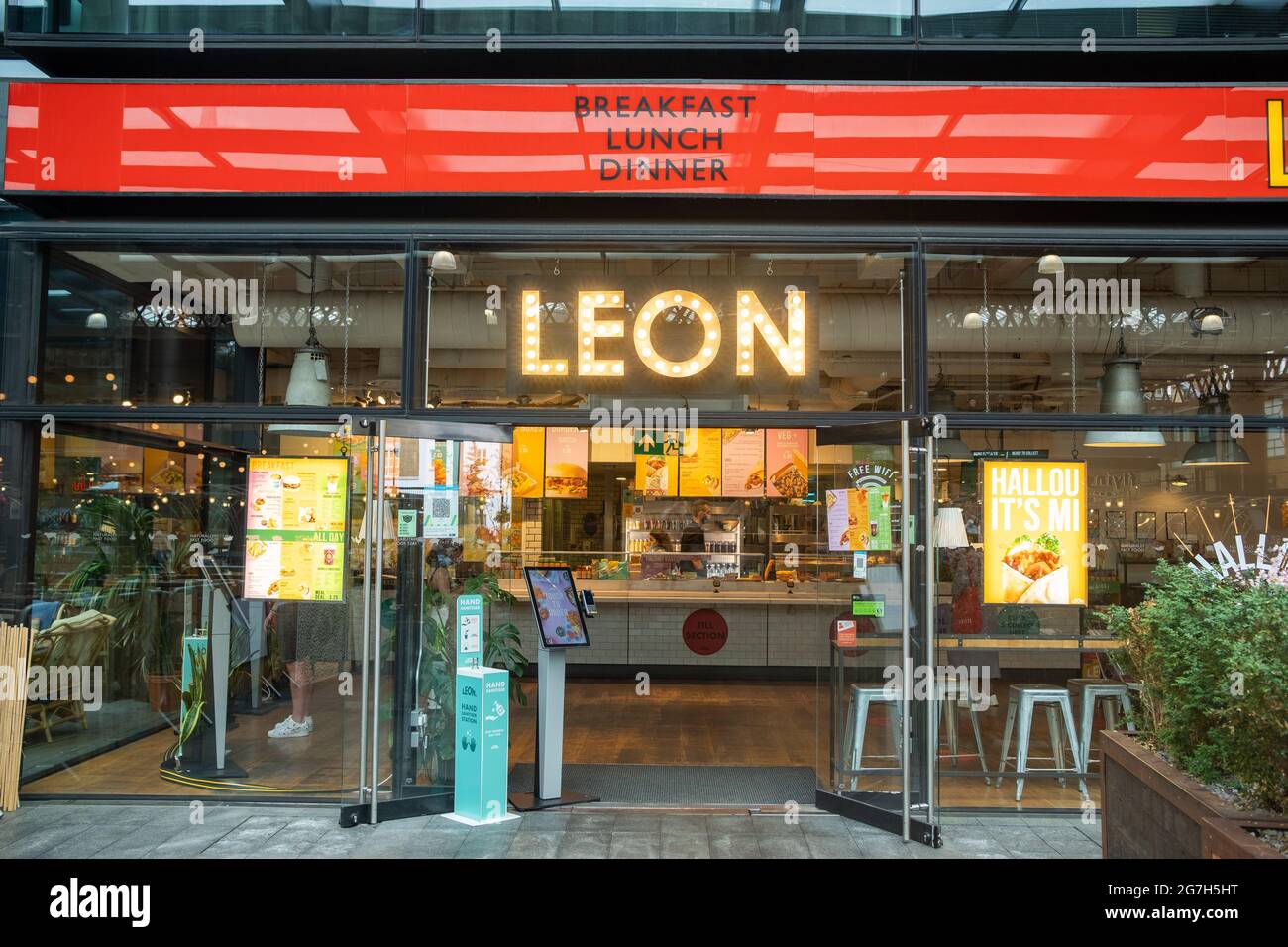 London- July, 2021: Leon restaurant, a British natural fast food chain owned by EG Group Stock Photo