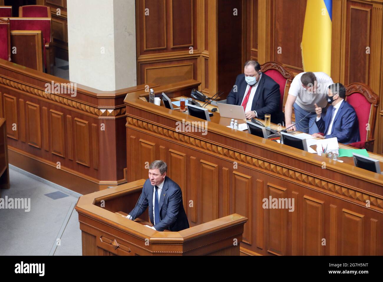 KYIV, UKRAINE - JULY 14, 2021 - MP Serhii Shakhov speaks from the rostrum at a regular sitting of the Ukrainian parliament, Kyiv, capital of Ukraine. Stock Photo