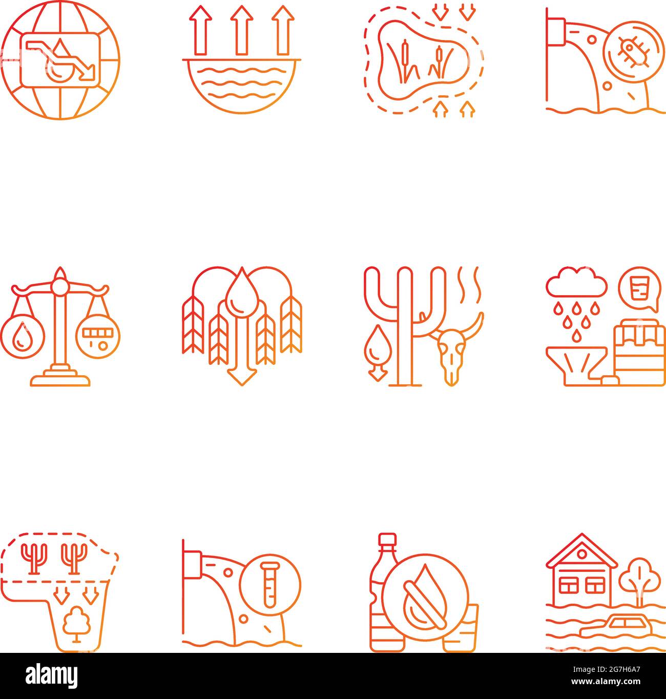 Global water crisis gradient linear vector icons set Stock Vector