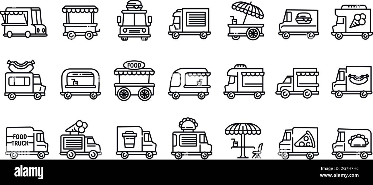 Food truck icons set. Outline set of food truck vector icons for web design isolated on white background Stock Vector