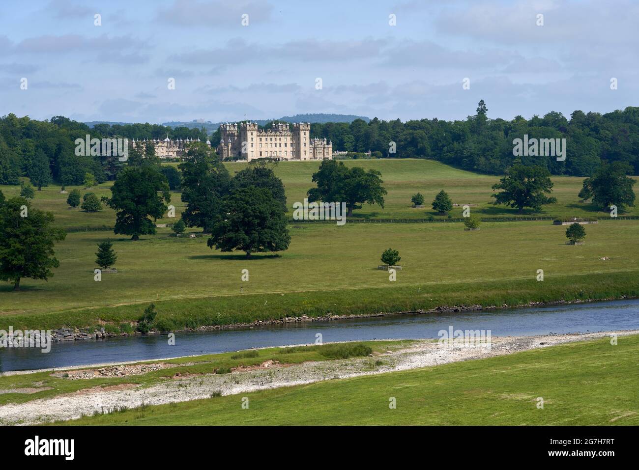 View of Floor Castle from Roxburgh Castle with the river Tweed ...