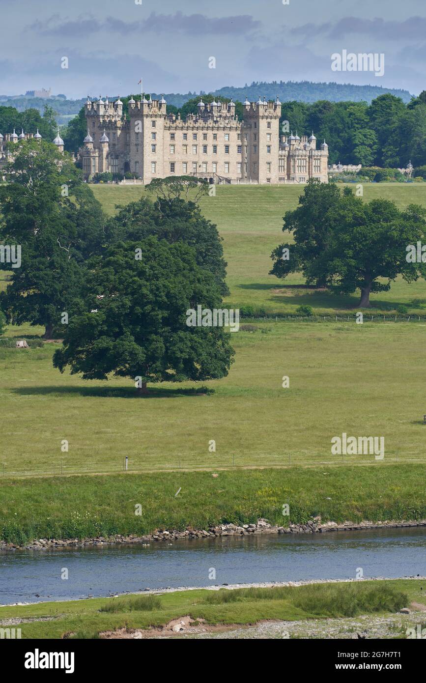 View of Floor Castle from Roxburgh Castle with the river Tweed ...