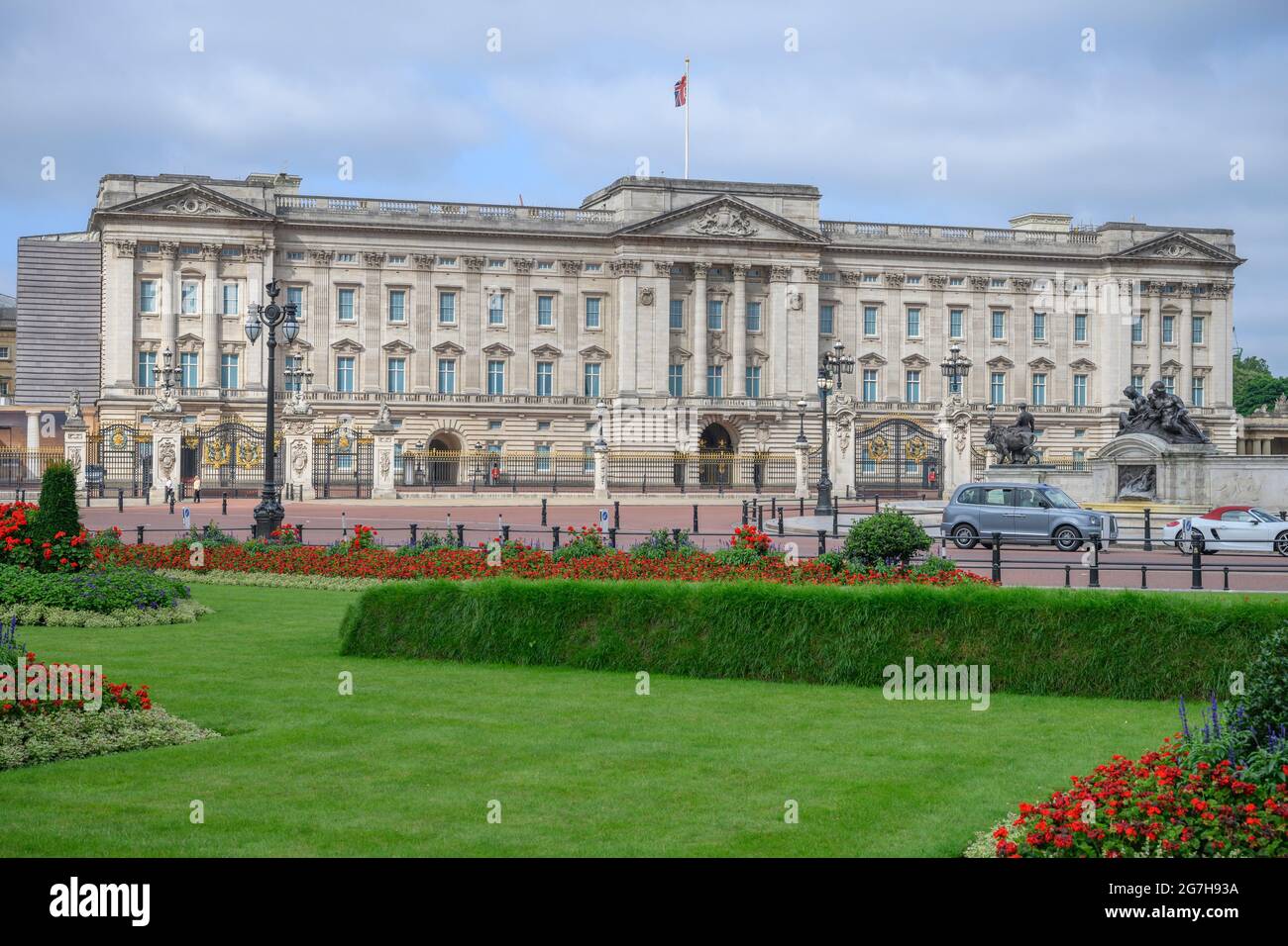 Buckingham Palace in London UK on 14 July 2021 with the Buckingham Palace Memorial Gardens in
