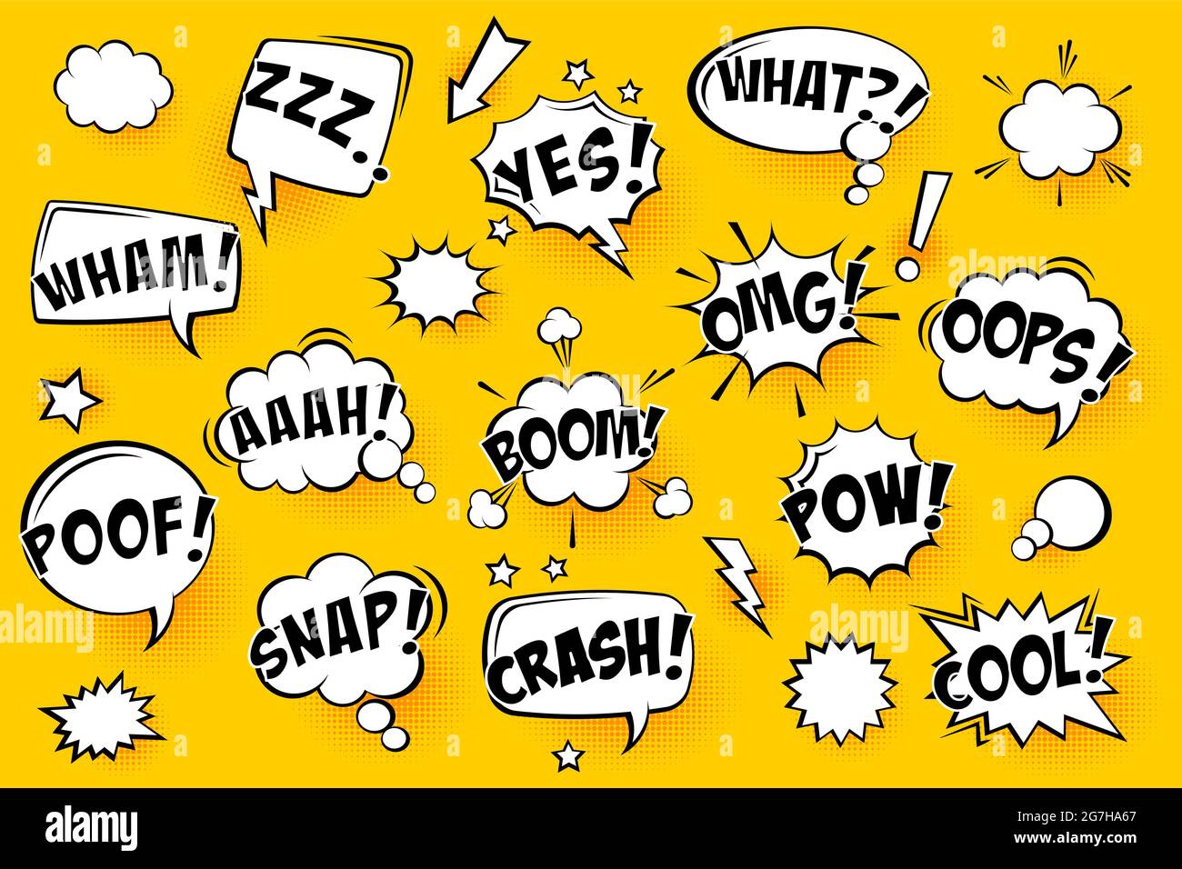 Comic speech bubbles with halftone shadows and text on yellow ...