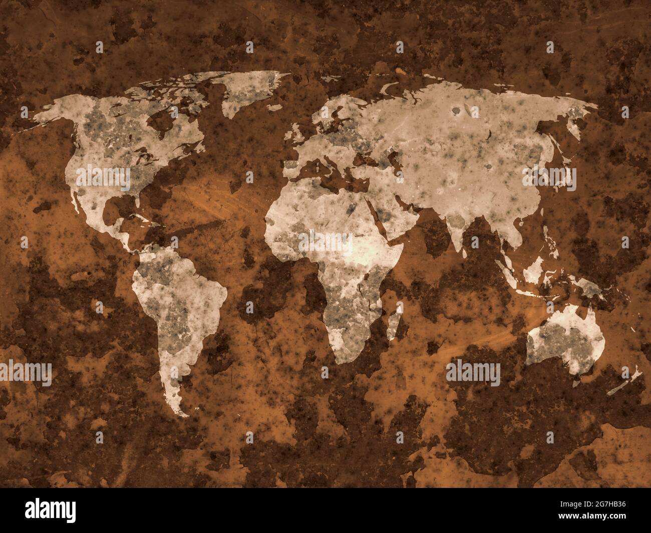 Grunge world map made with a planisphere overlaid with grungy elements, dark seas and light lands version - Ancient world wallpaper Stock Photo