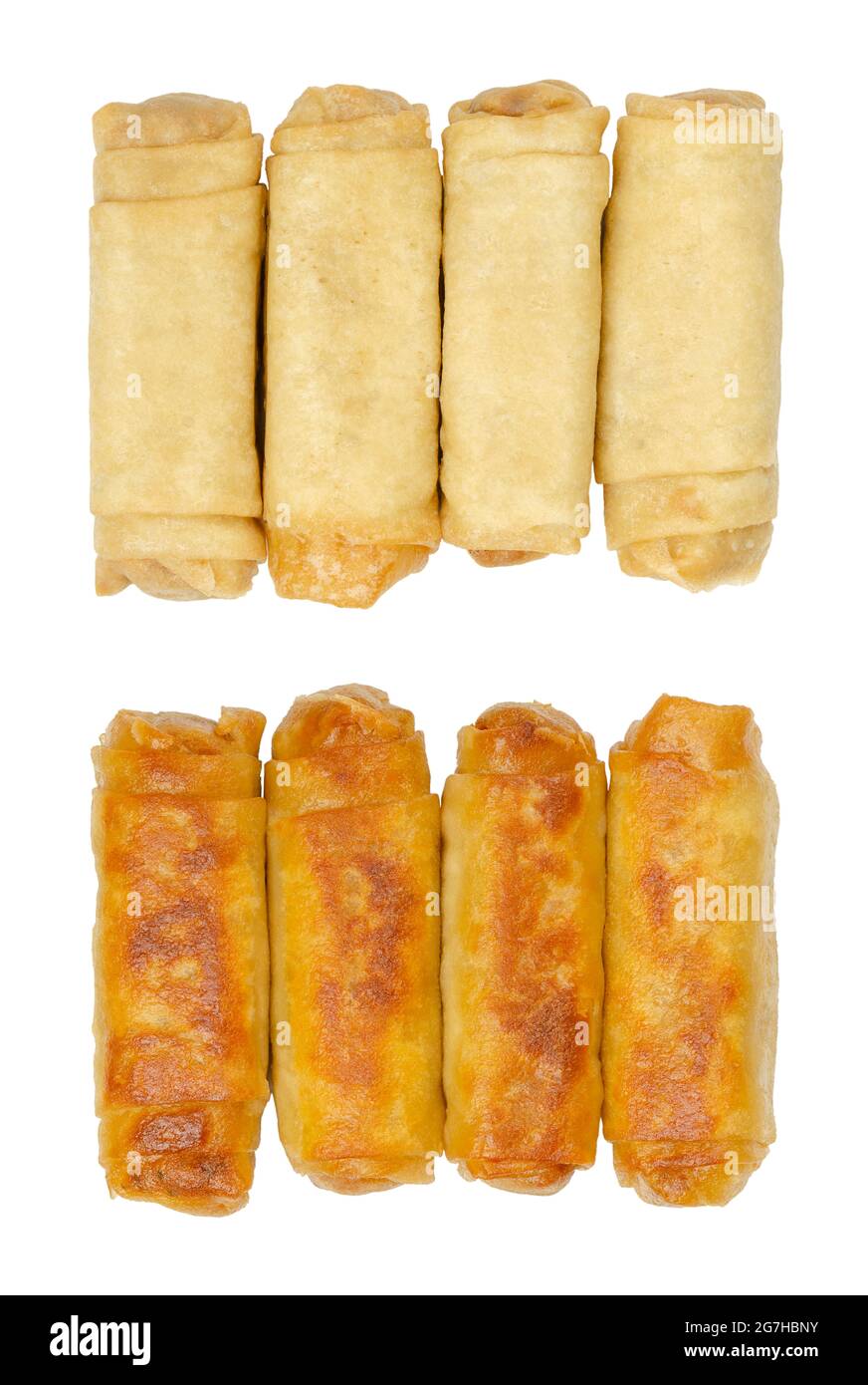 Spring rolls, from above, isolated on white background. Two rows, each of four spring rolls, unfried and crispy fried in a pan. Filled, rolled wrapper Stock Photo
