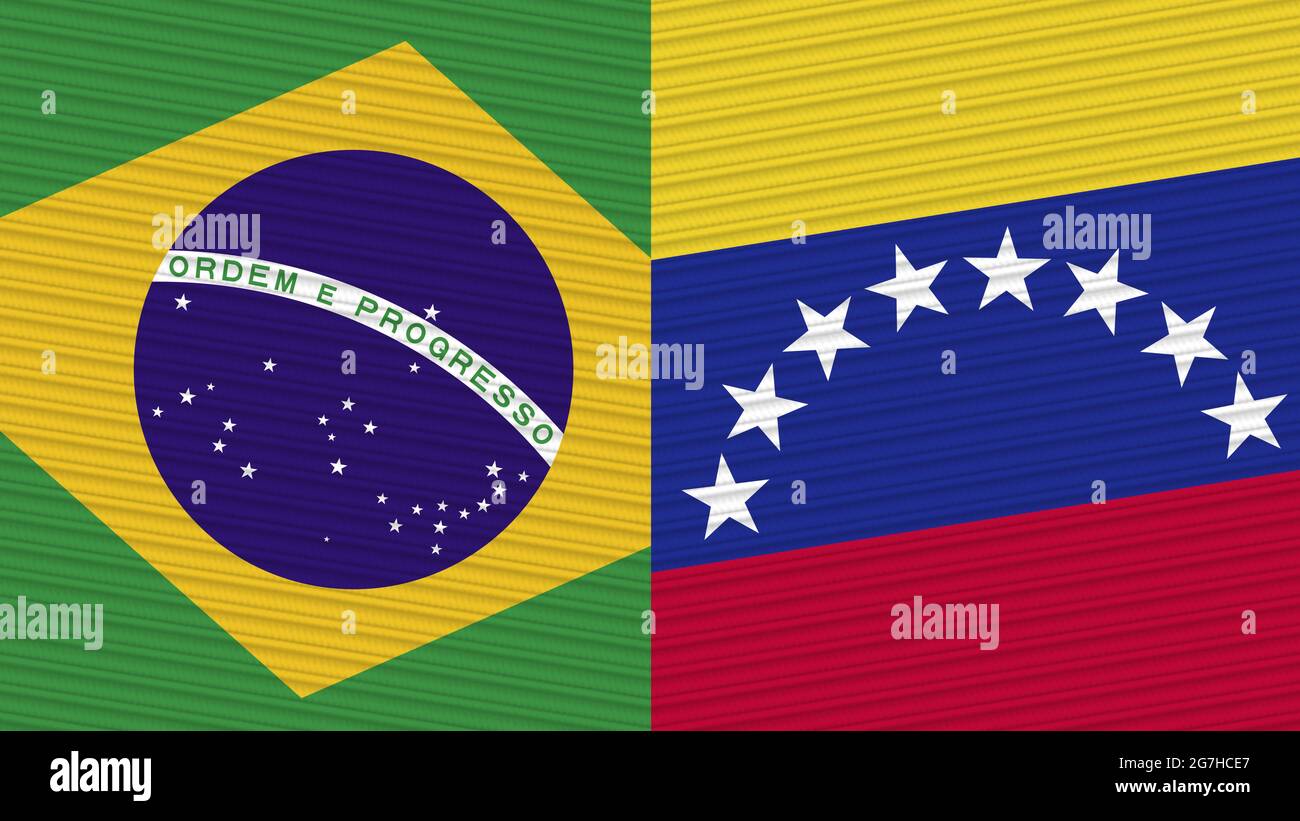 Venezuela and Brazil Two Half Flags Together Fabric Texture Illustration Stock Photo
