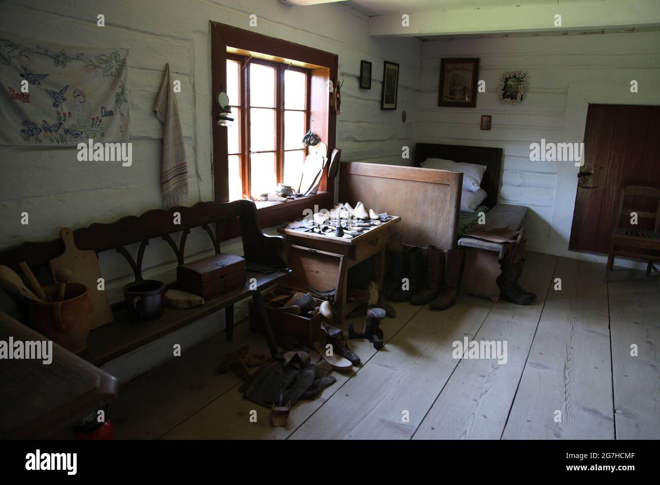 Open-air museum in Tokarnia, interion of a country cottage, Tokarnia, rural architecture, Stock Photo