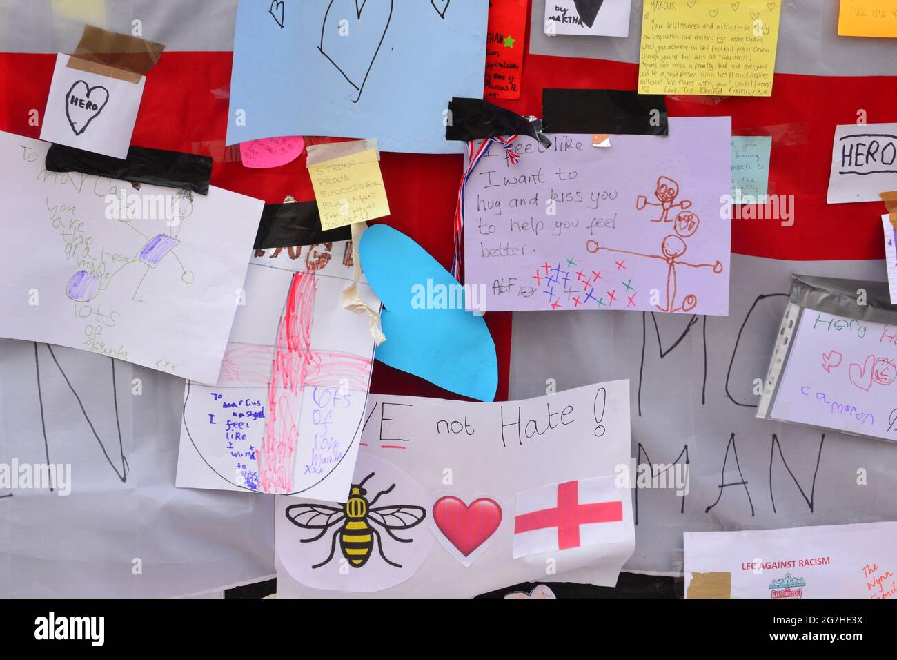 Close up of a small part of the giant Manchester United player Marcus  Rashford mural in Withington, Manchester, England, United Kingdom, that was  vandalised with abusive graffiti after England's Euro2020 football loss