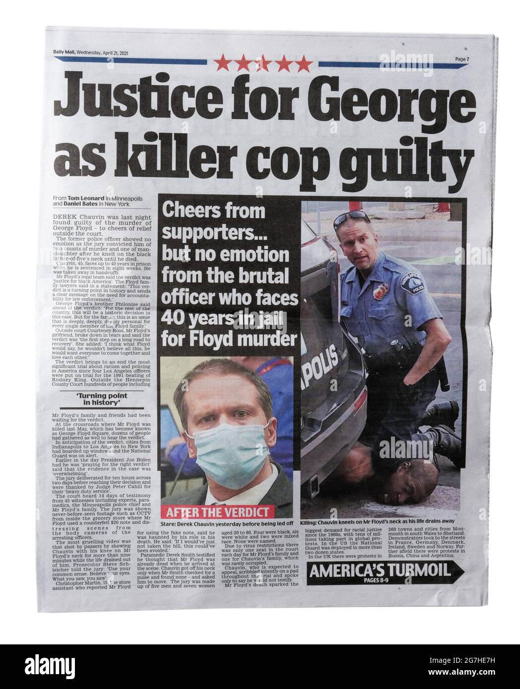 The front page of the Daily Mail about the guilty verdict for Derek Chauvin in the death of Georhe Floyd Stock Photo