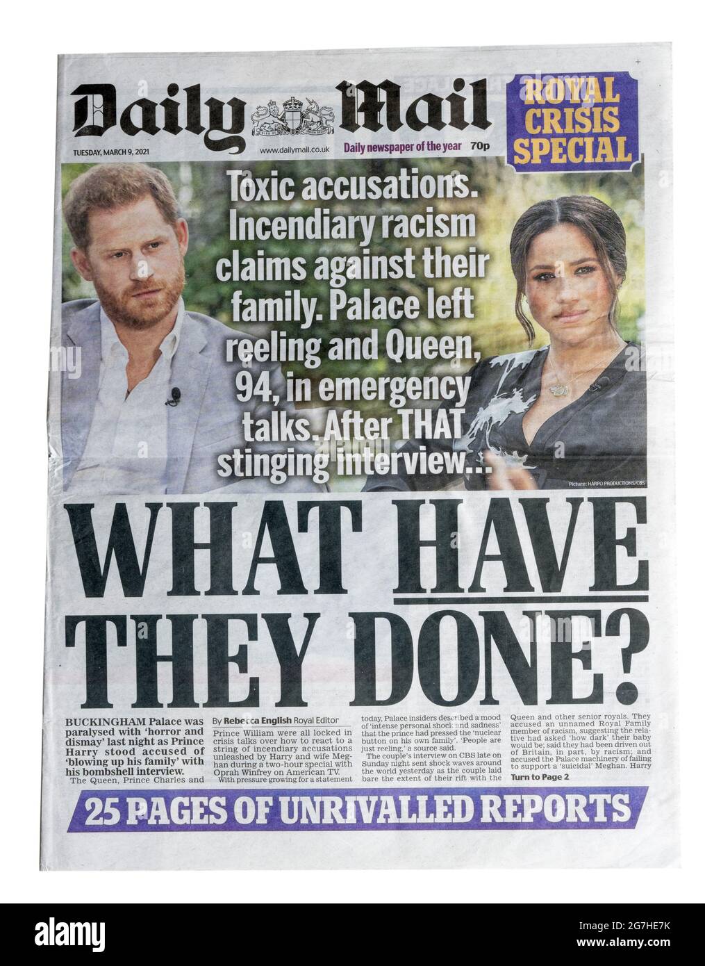 The front page of the Daily Mail with the headline What Have They Done about the Duke and Duchess of Sussex interview with Oprah in March 2021 Stock Photo