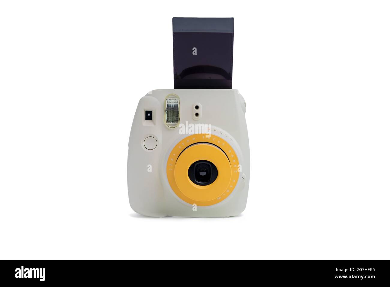 polaroid camera, film camera with photo film on white background Stock Photo