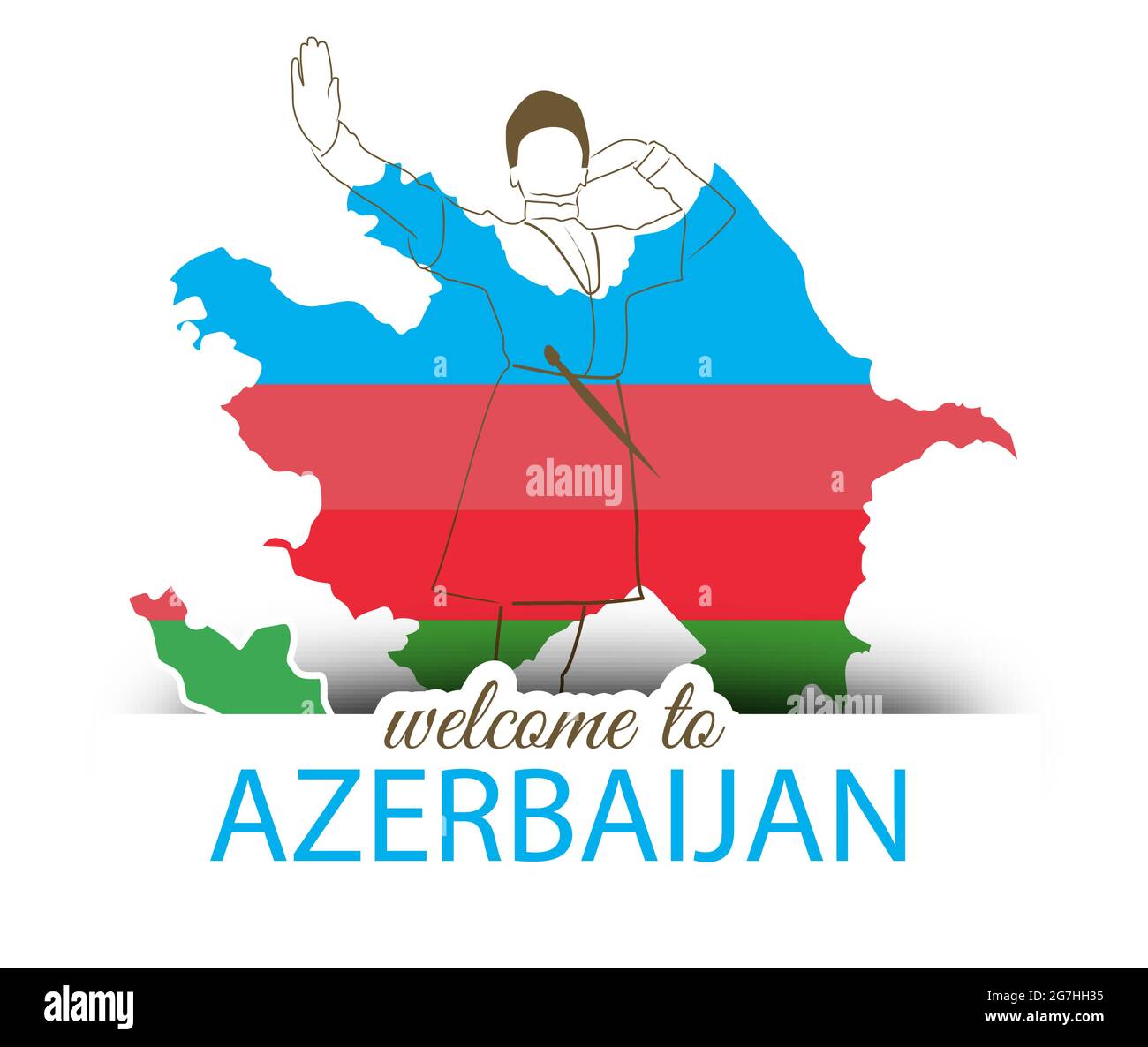 Welcome to Azerbaijan -travel background with Azerbaijani dance and map in flag colors Stock Vector