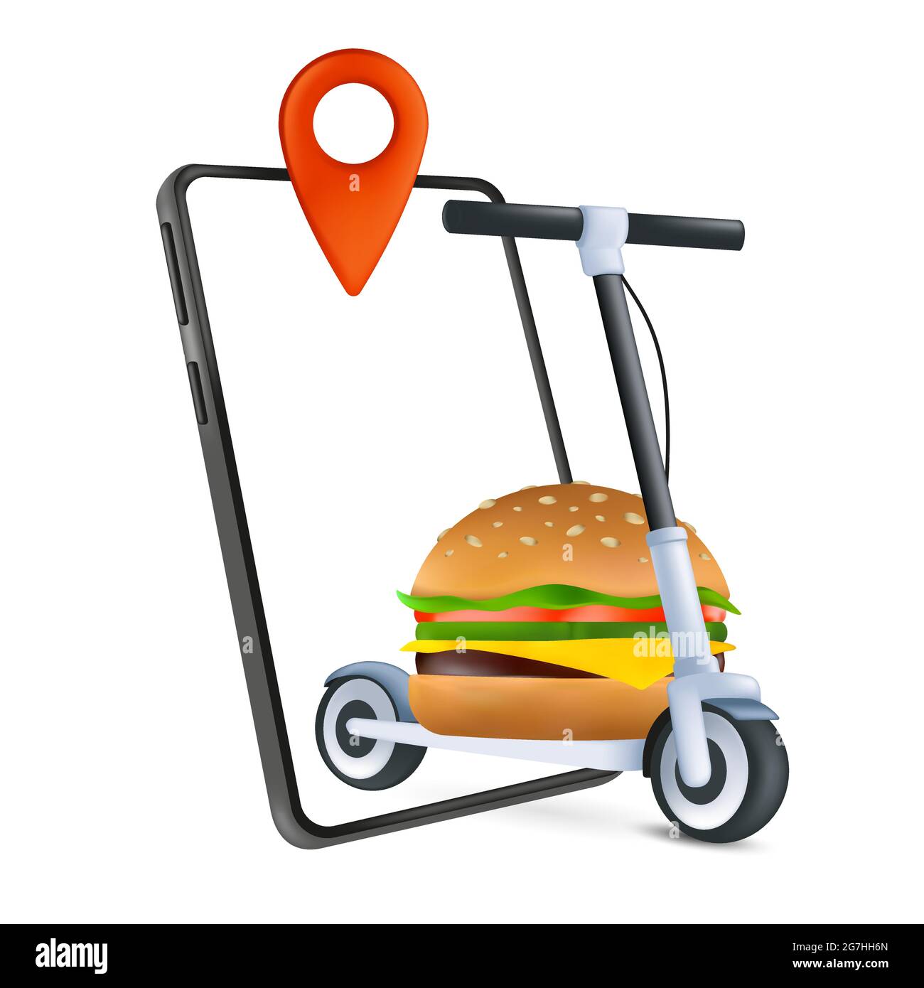 Fast food home delivery concept with an electric kick scooter, phone and classic burger. A modern way of delivering. 3d icon. Cartoon vector illustrat Stock Vector