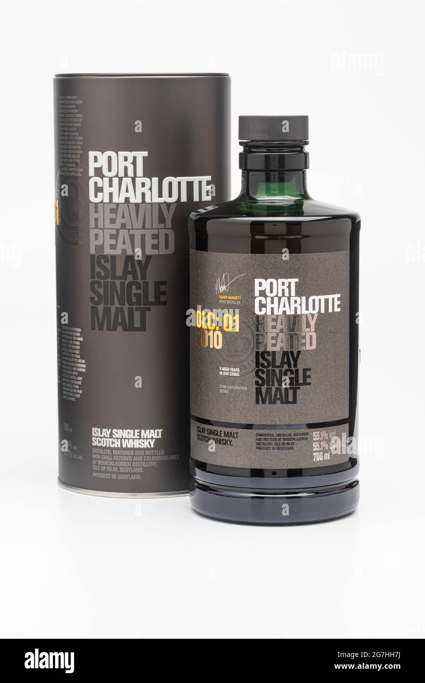 A bottle of Port Charlotte Heavily Peated Islay Single Malted Scotch Whisky Stock Photo