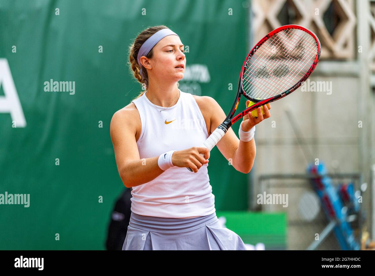 Stefanie Vögele of Switzerland is in action during the 16th final, Lausanne  2021 tennis tournament WTA 250 on Lausanne, Switzerland on July 14, 2021.  (Photo by Eric Dubost/Pacific Press/Sipa USA Stock Photo - Alamy