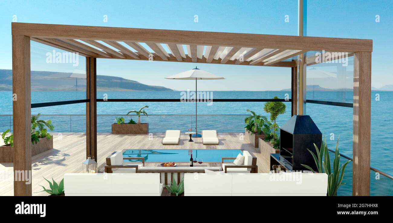 3D illustration of luxury contemporary outdoor wooden patio with swimming pool and sea view. Deck chairs with umbrella and fruit cocktails next to poo Stock Photo