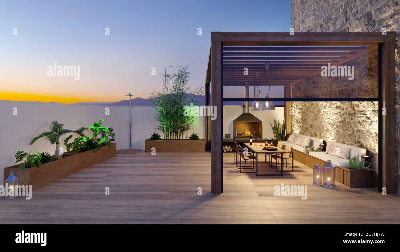 3D illustration of urban patio with cozy fireplace and natural plants ...
