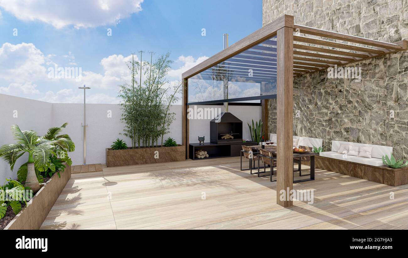 3D render of urban terrace with natural plants and teak wood flooring ...