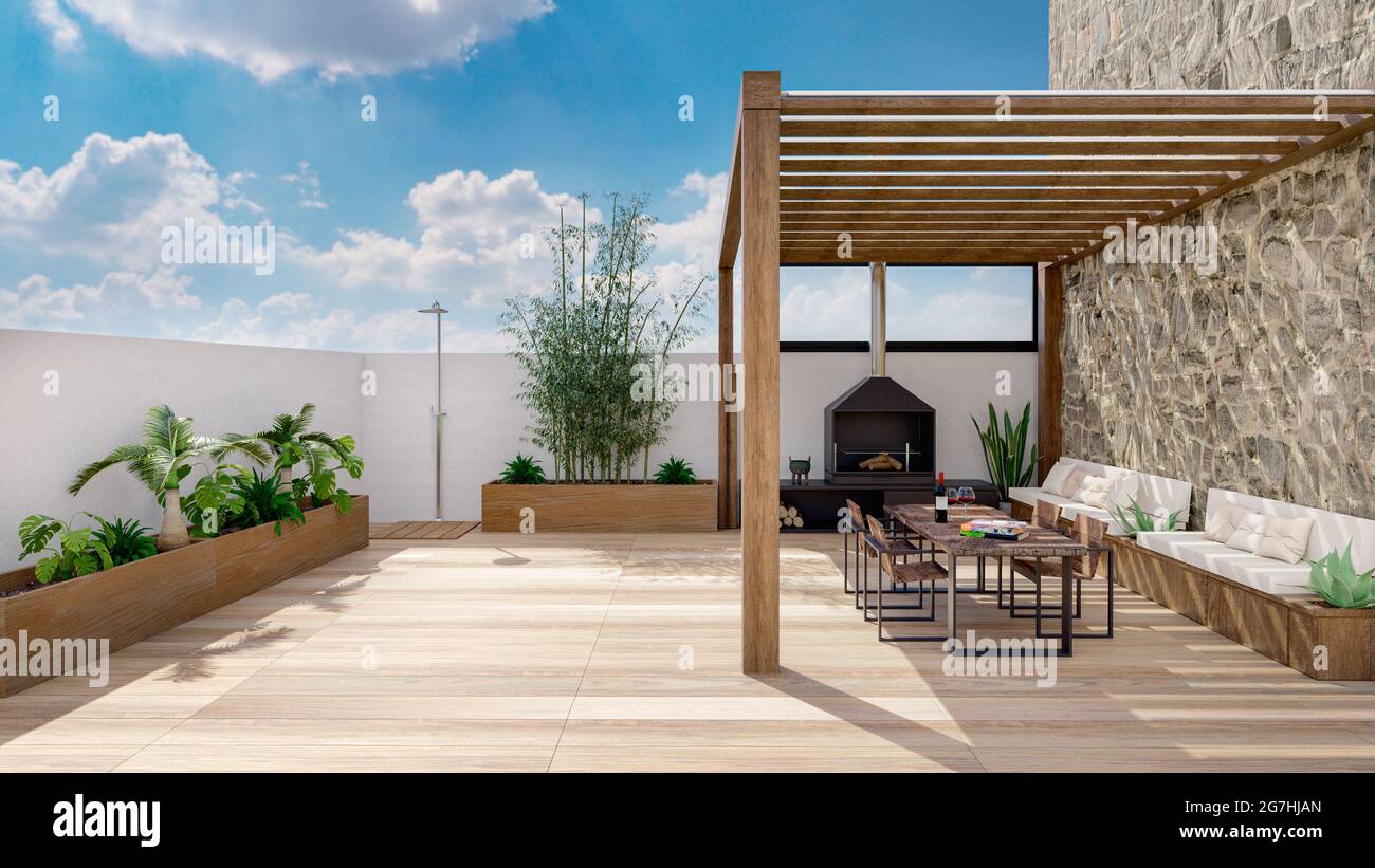 3D illustration of urban patio with cozy fireplace and natural plants ...