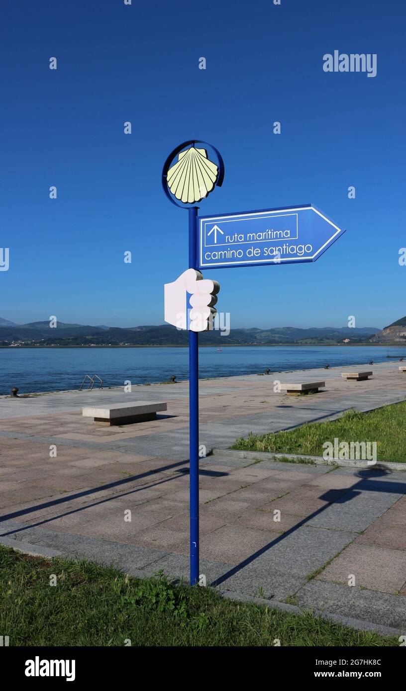 Signpost For The Pilgrimage Route To Santiago De Compostela With The Clam Shell Symbol Next To The Seafront In Santona Cantabria Spain June 21 Stock Photo Alamy
