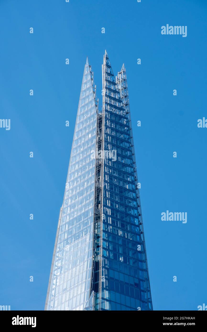 Top the Shard of Glass, or Shard, tower at London Bridge, styled to represent shards of broken glass, at 310m the tallest building in London Stock Photo