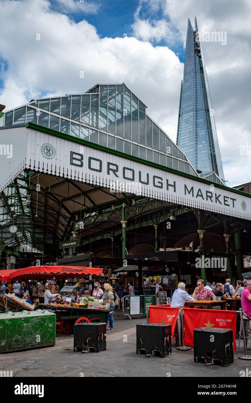 Entrance to Borough Market a traditional covered market of food and drink stalls, restaurants and boutiques, a popular tourist location in Southwark Stock Photo