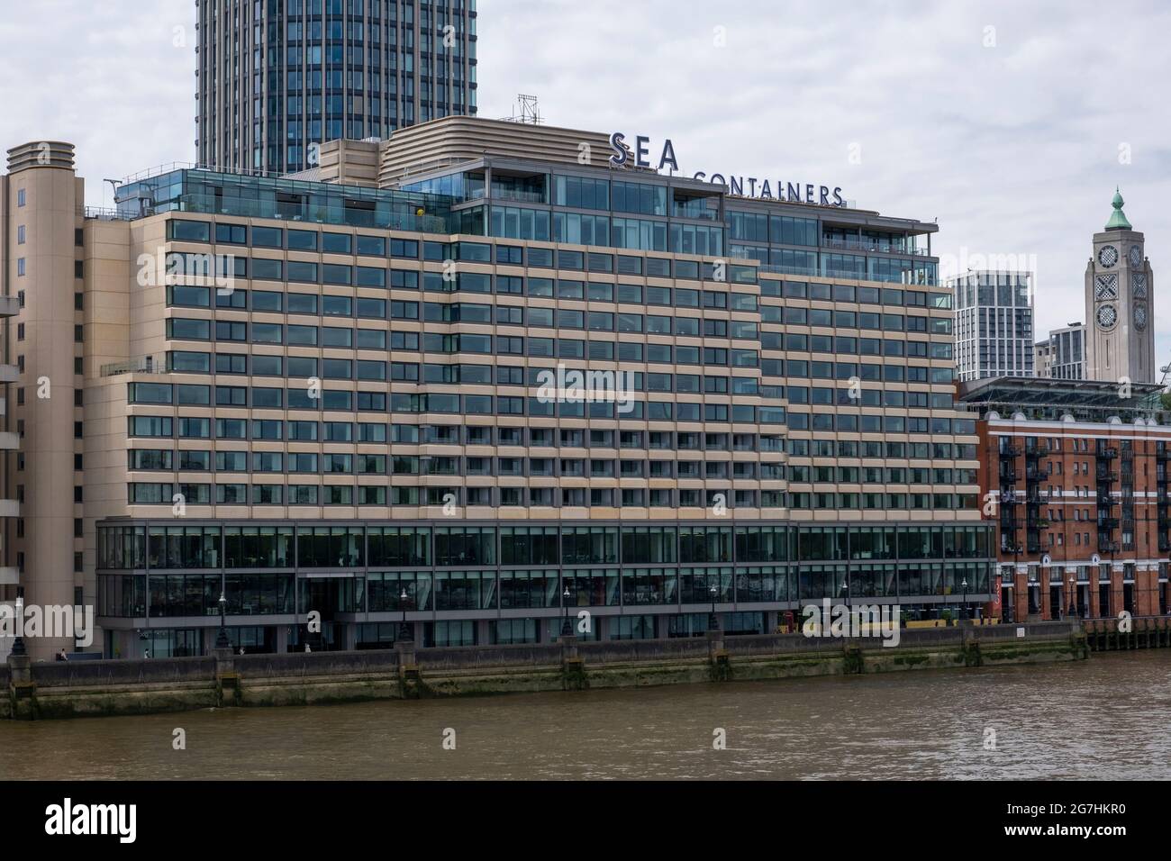 Sea Containers House, a prominent building on the south bank of the Thames in London, designed by Warren Platner, opened in 1978, hotel and offices Stock Photo