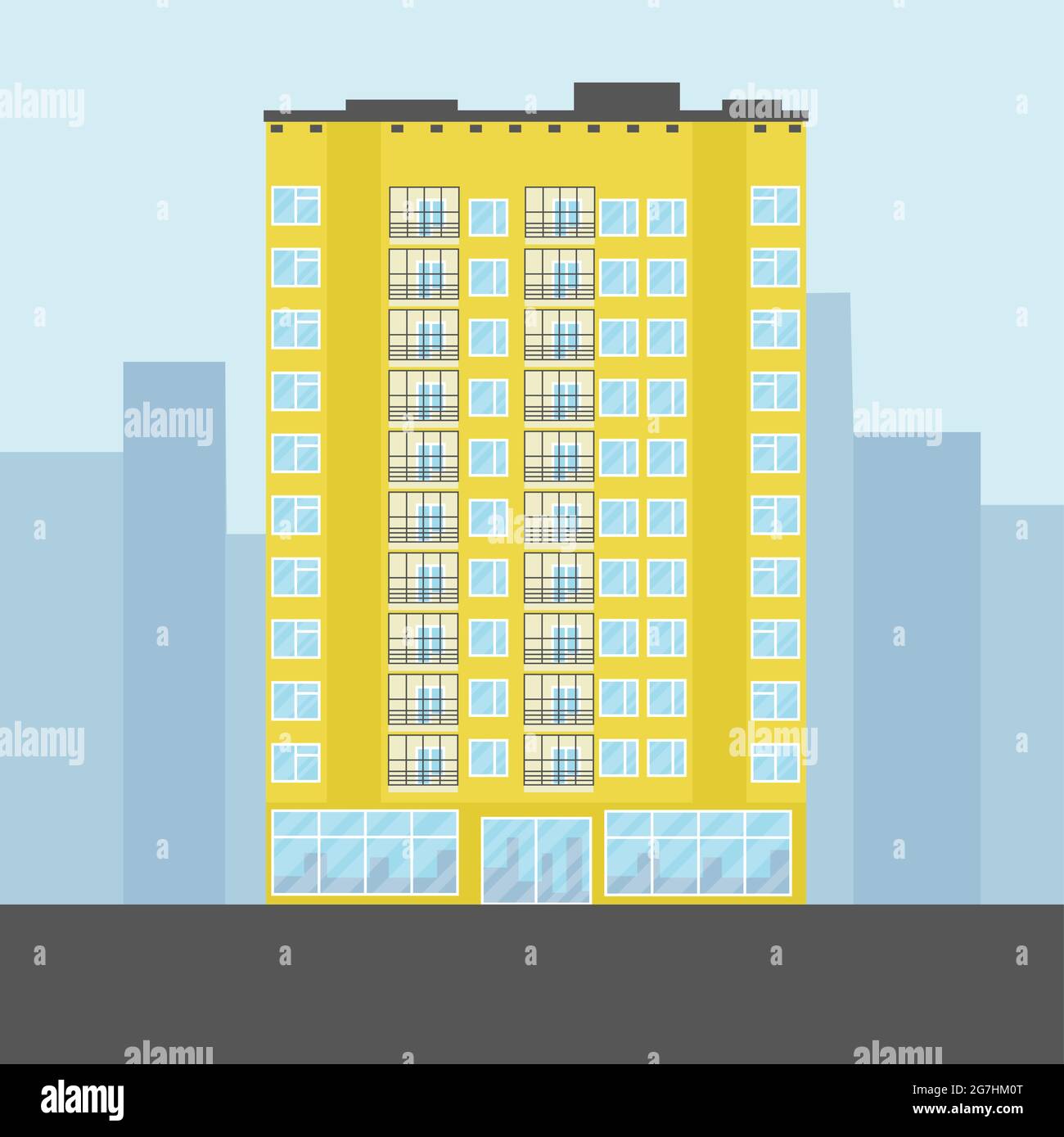 Multi-storey yellow building in flat cartoon style vector illustration. Design for real estate agency and business websites Stock Vector