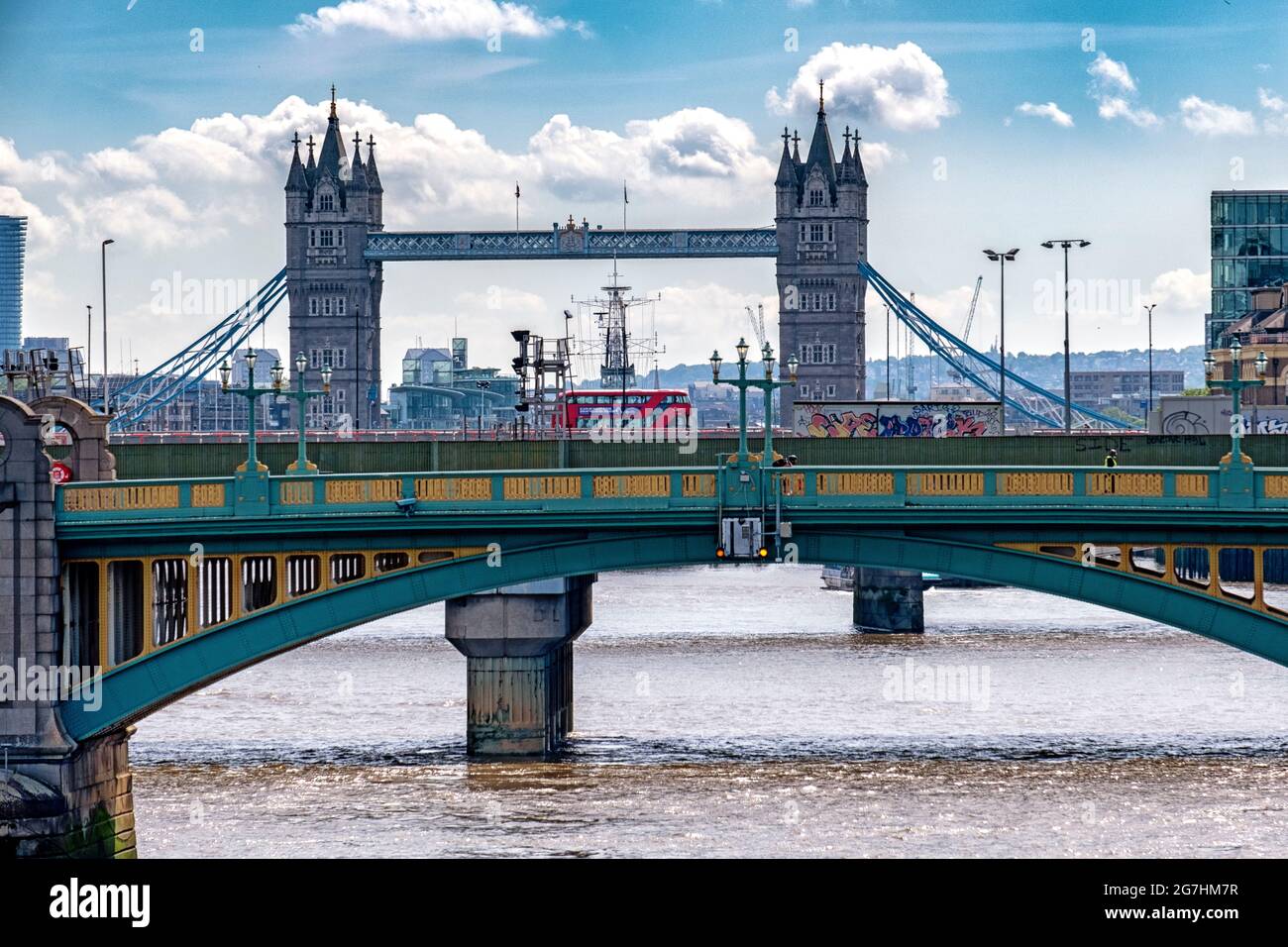 Bridges of London, Southwark and Tower Bridge providing important traffic and pedestrian crossings for the Thames River and entrance to the City Stock Photo