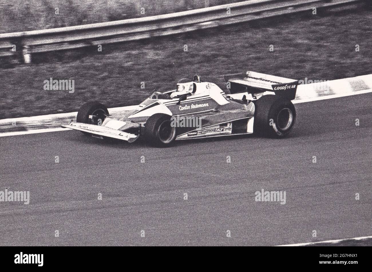 Carlos Reutemann during testing on a Ferrari 312T Formula 1 at the Mugello Circuit, Italy. Year 1977 Stock Photo