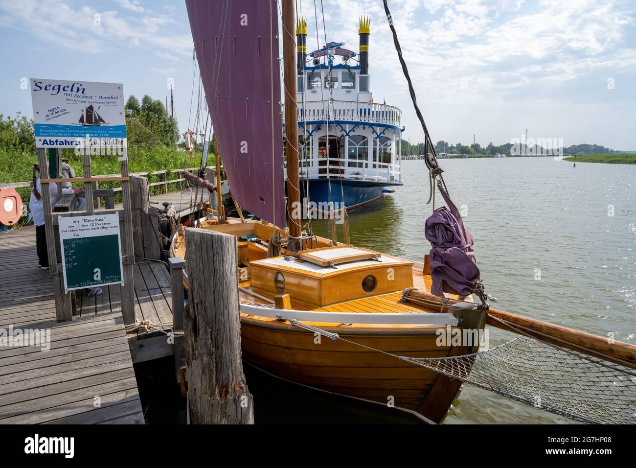 Zingst, Germany. 14th July, 2021. Zeesenboot Dorothea lies in the harbour  of Zingst. Many holidaymakers and tourists take advantage of the offers for  excursions on the Bodden between the mainland and the