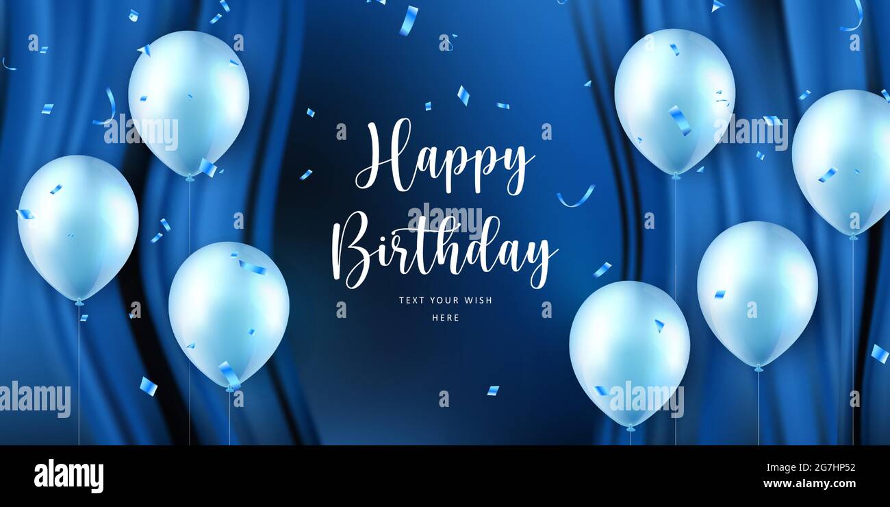 Elegant blue ballon and silk curtain background Happy Birthday ...