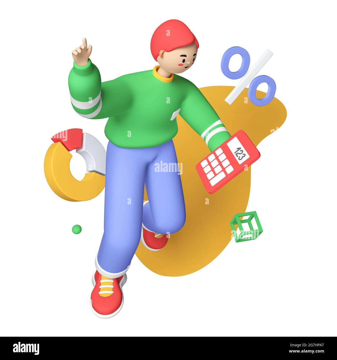 Making calculations - colorful 3D style illustration with male cartoon character. Attentive boy counts on a calculator. Importance of learning science Stock Photo