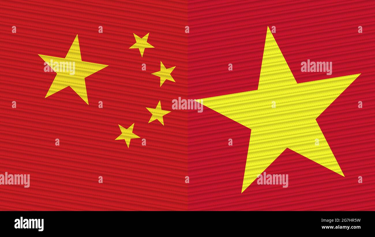 Vietnam and China Two Half Flags Together Fabric Texture Illustration Stock Photo