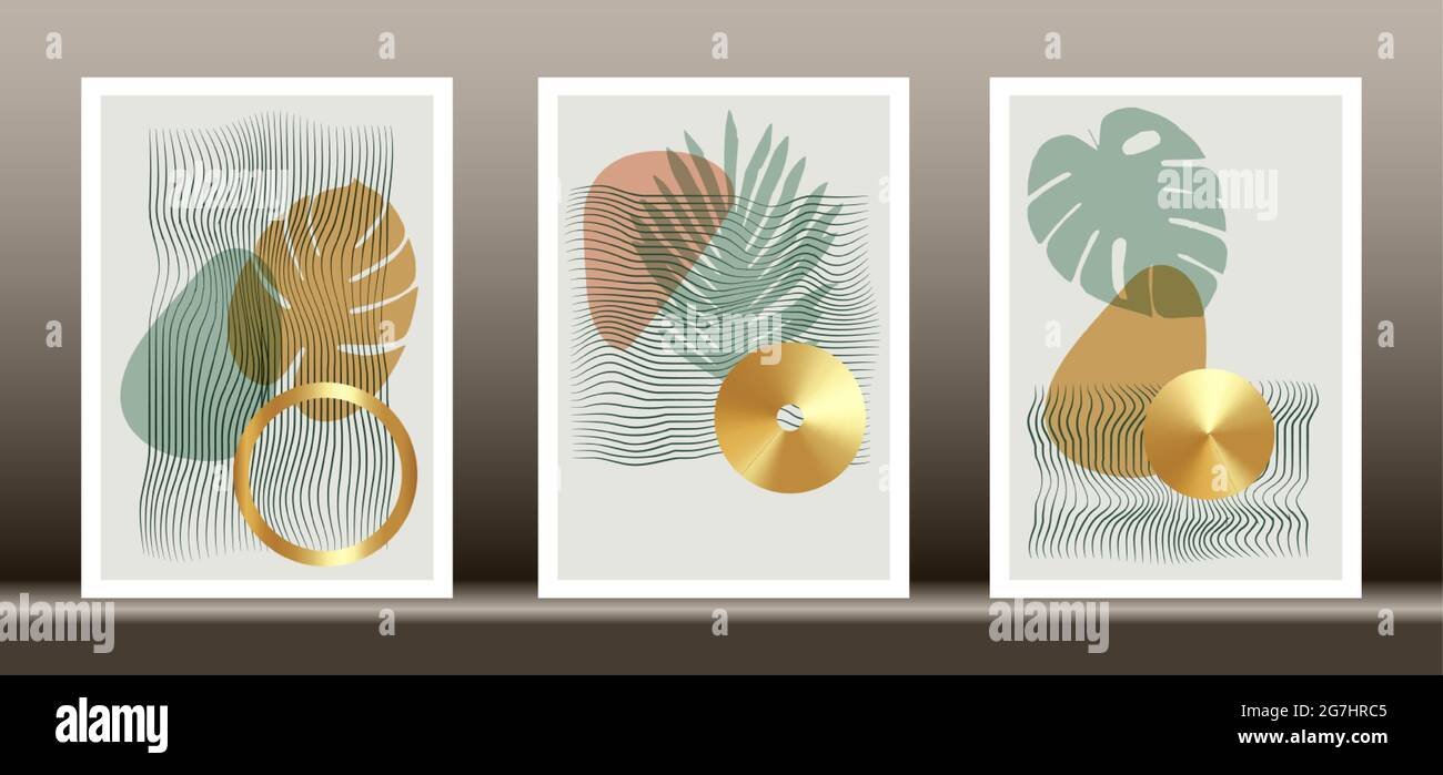 Abstract geometric, natural shapes poster set in mid century style. Modern illustration: tropical palm leaf, geo elements for minimalist print, poster Stock Vector