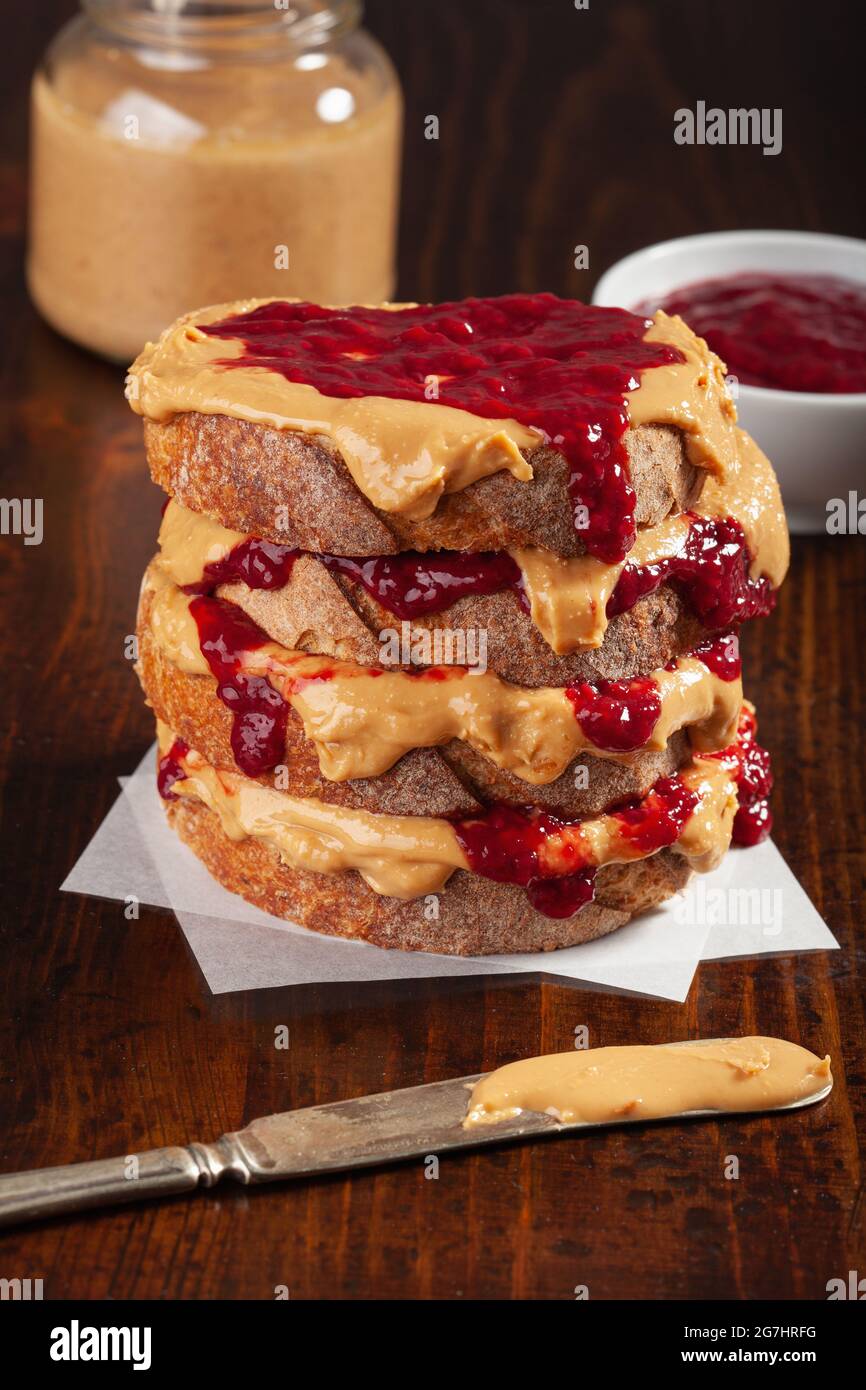 peanut butter and jam sandwich, american traditional bread toast Stock
