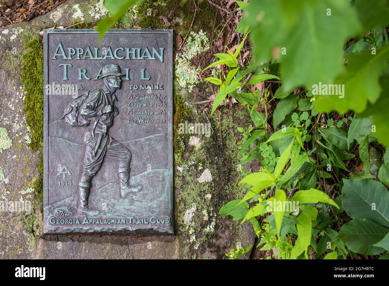 Appalachian Trail trailside bronze plaque at Neels Gap on the Eastern side of Blood Mountain near Blairsville, Georgia. (USA) Stock Photo