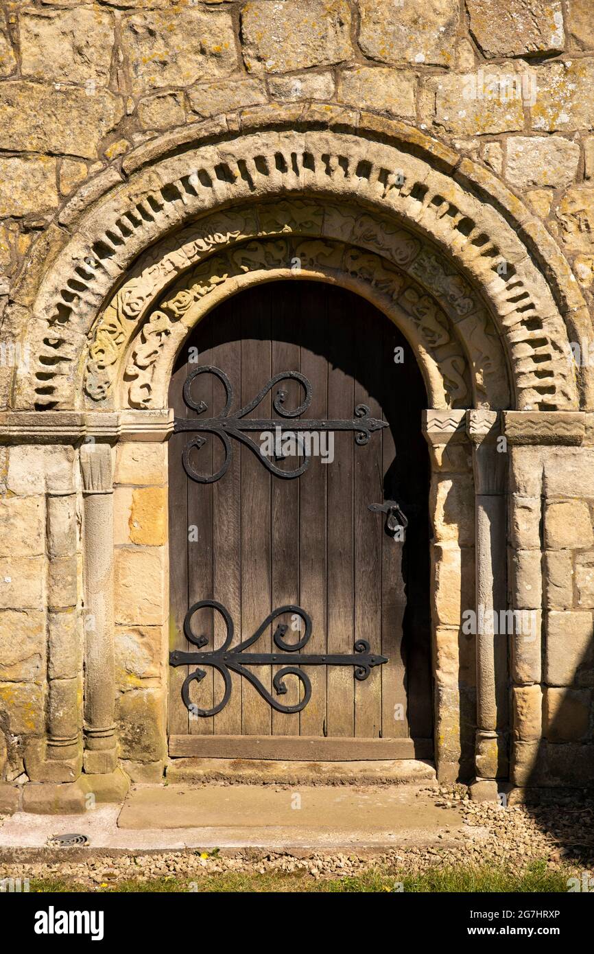 UK, England, Derbyshire, Bradbourne village, All Saints ancient church, Norman doorway Stock Photo