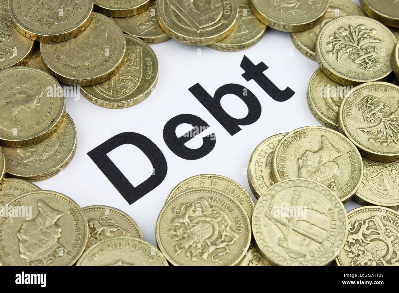 The printed word 'Debt' surrounded by gold coloured pound coins. Stock Photo