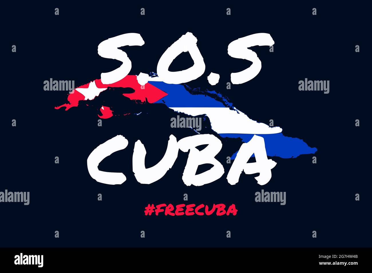 SOS Cuba lettering with Cuba island map and flag as a background. Free