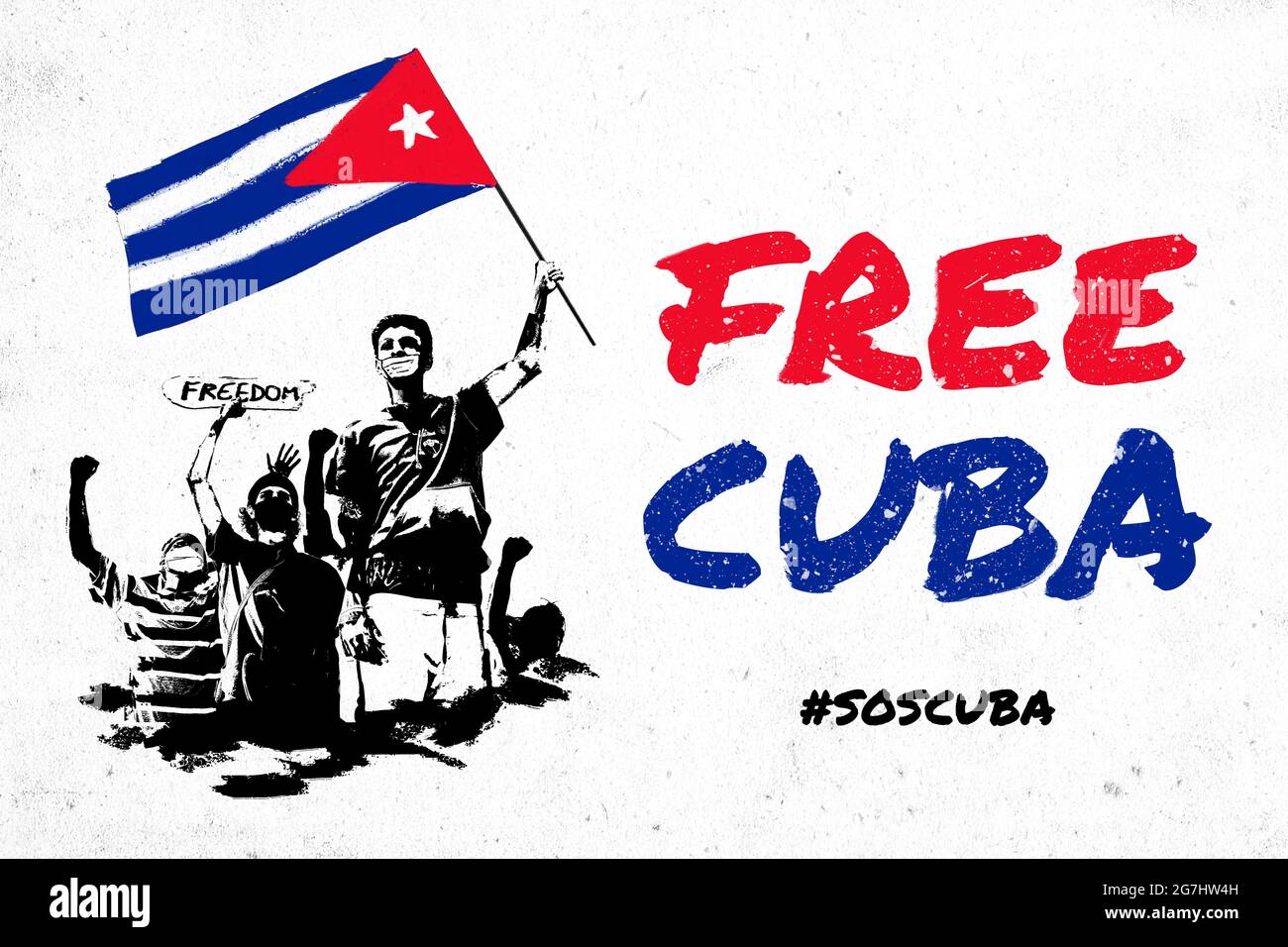 Free Cuba, SOS Cuba, stock illustration of young protesters raising the fists and the Cuban flag. Protests in Cuba against the government fighting for Stock Photo