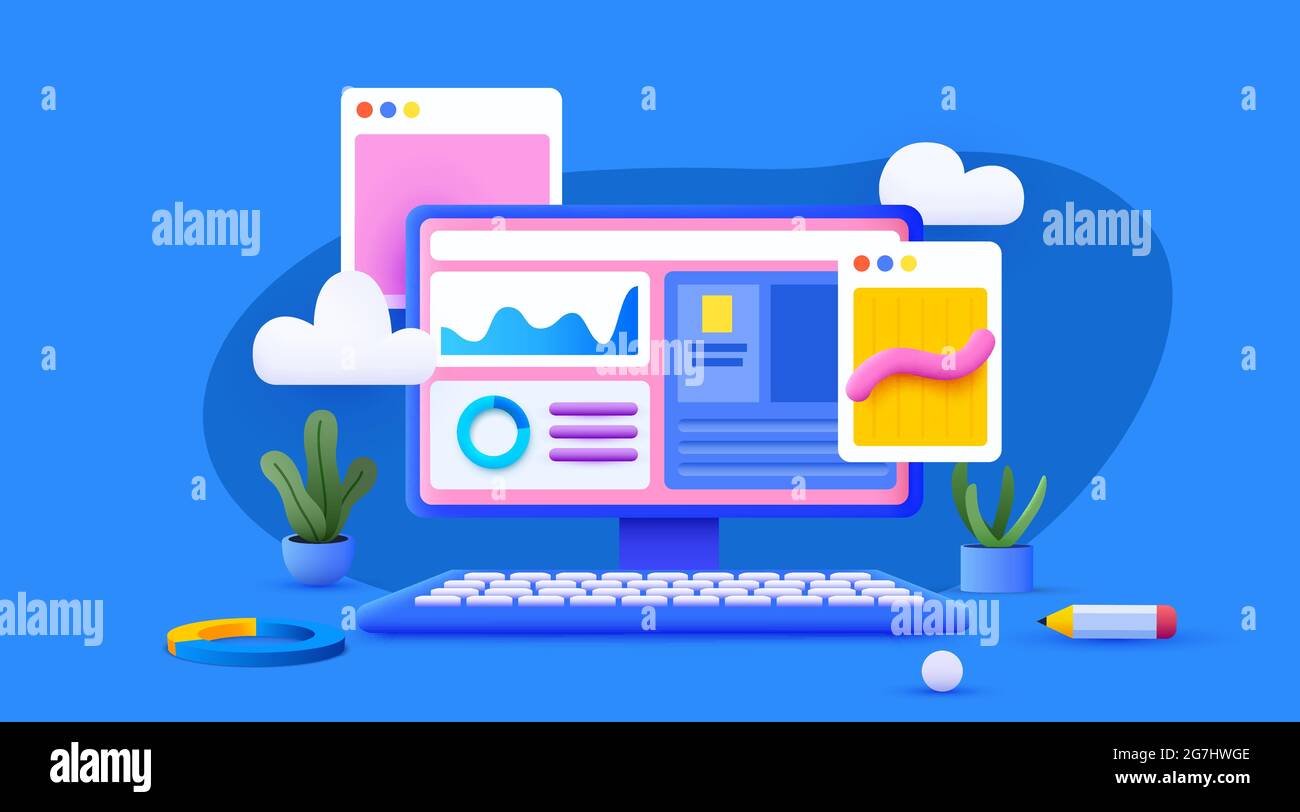Workplace 3d render. Business and finance analytics concept. Vector ...
