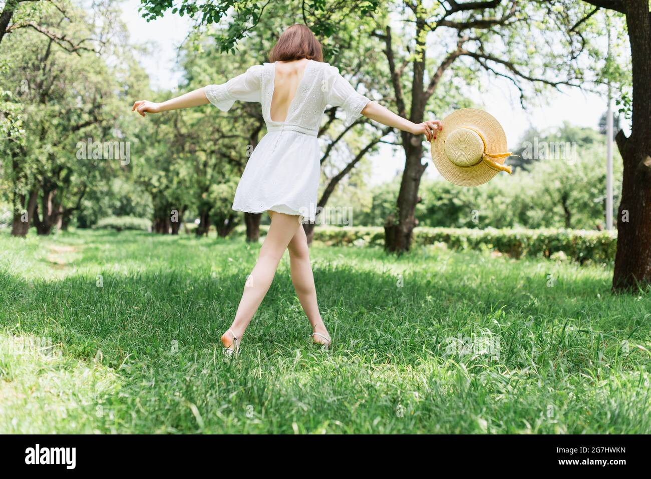 Back view of woman in dress holding sun hat on grass Stock Photo - Alamy
