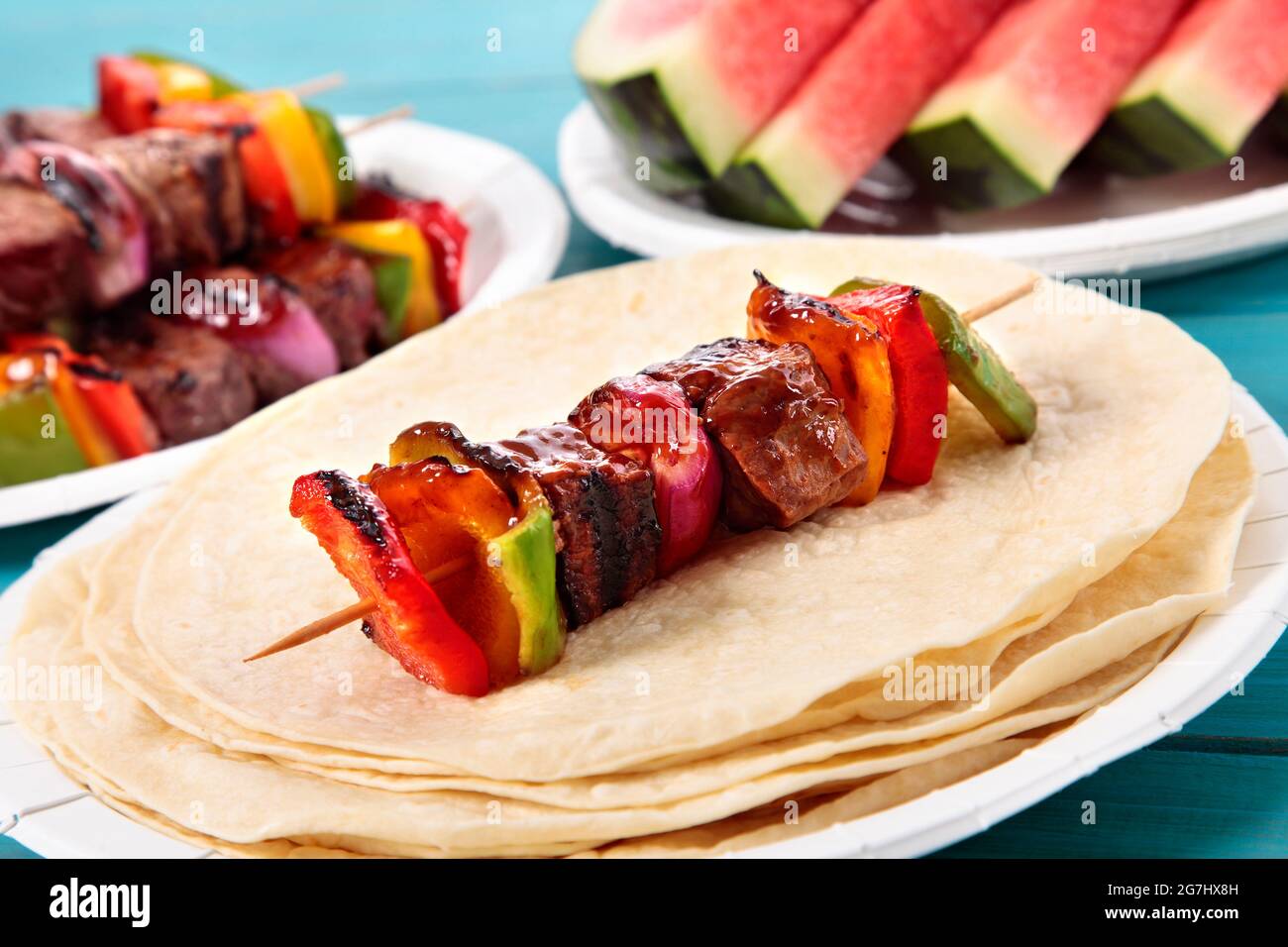 BBQ skewer with beef and vegetables on the picnic table Stock Photo - Alamy
