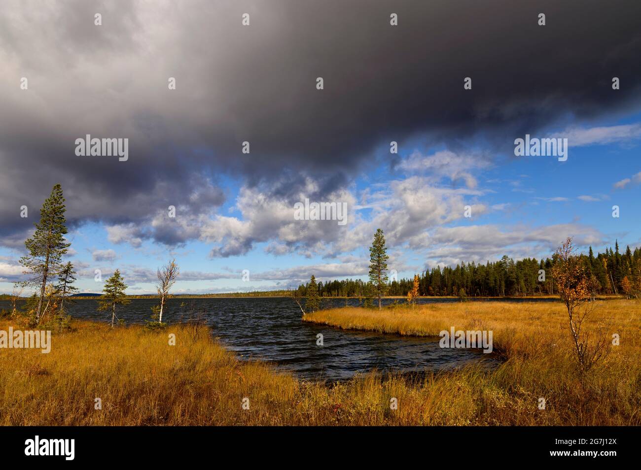 Nammajavrre Lake with dark clouds in Muddus National Park in Sweden Stock Photo
