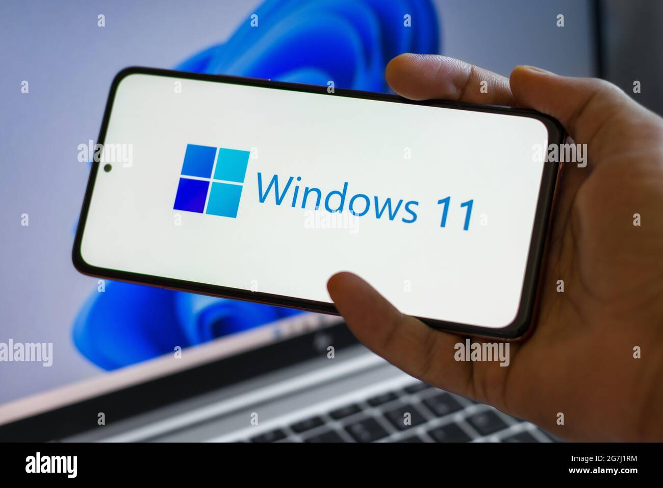 DIBRUGARH, INDIA - Jun 25, 2021: Assam, india  June 17, 2021  Windows 11 logo on laptop screen stock image. Stock Photo