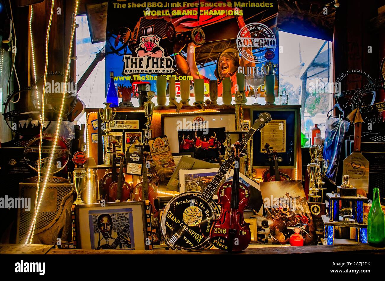 Barbecue trophies and awards are displayed at The Shed Barbeque and Blues Joint, July 4, 2021, in Ocean Springs, Mississippi. Stock Photo
