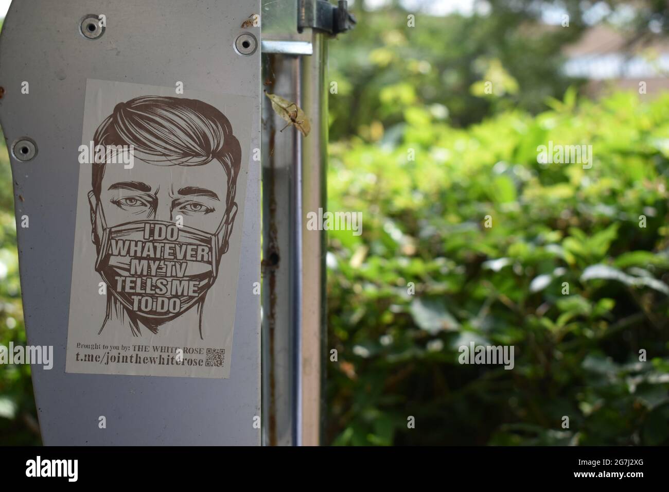 Stickers carrying messages from Covid deniers in Milton Keynes. Stock Photo