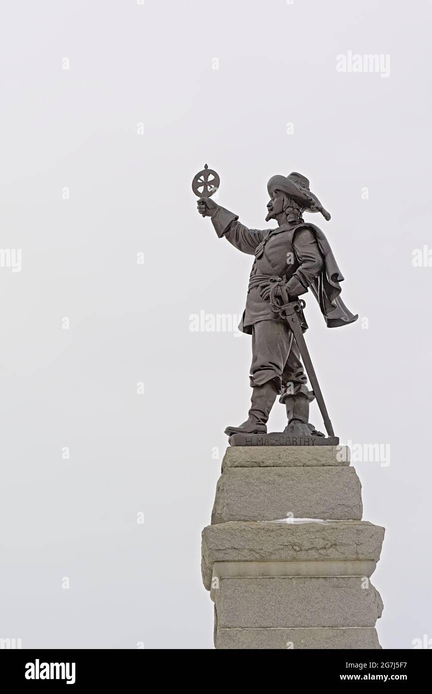 Bronze statue  French explorer Samuel de Champlain, holding his astrolabe upside-down, by Hamilton MacCarthy, on Nepean point hill in Ottawa Stock Photo
